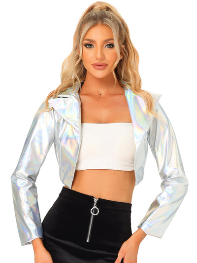 Holographic Long Sleeve Lapel Crop Shiny Party Metallic Jacket