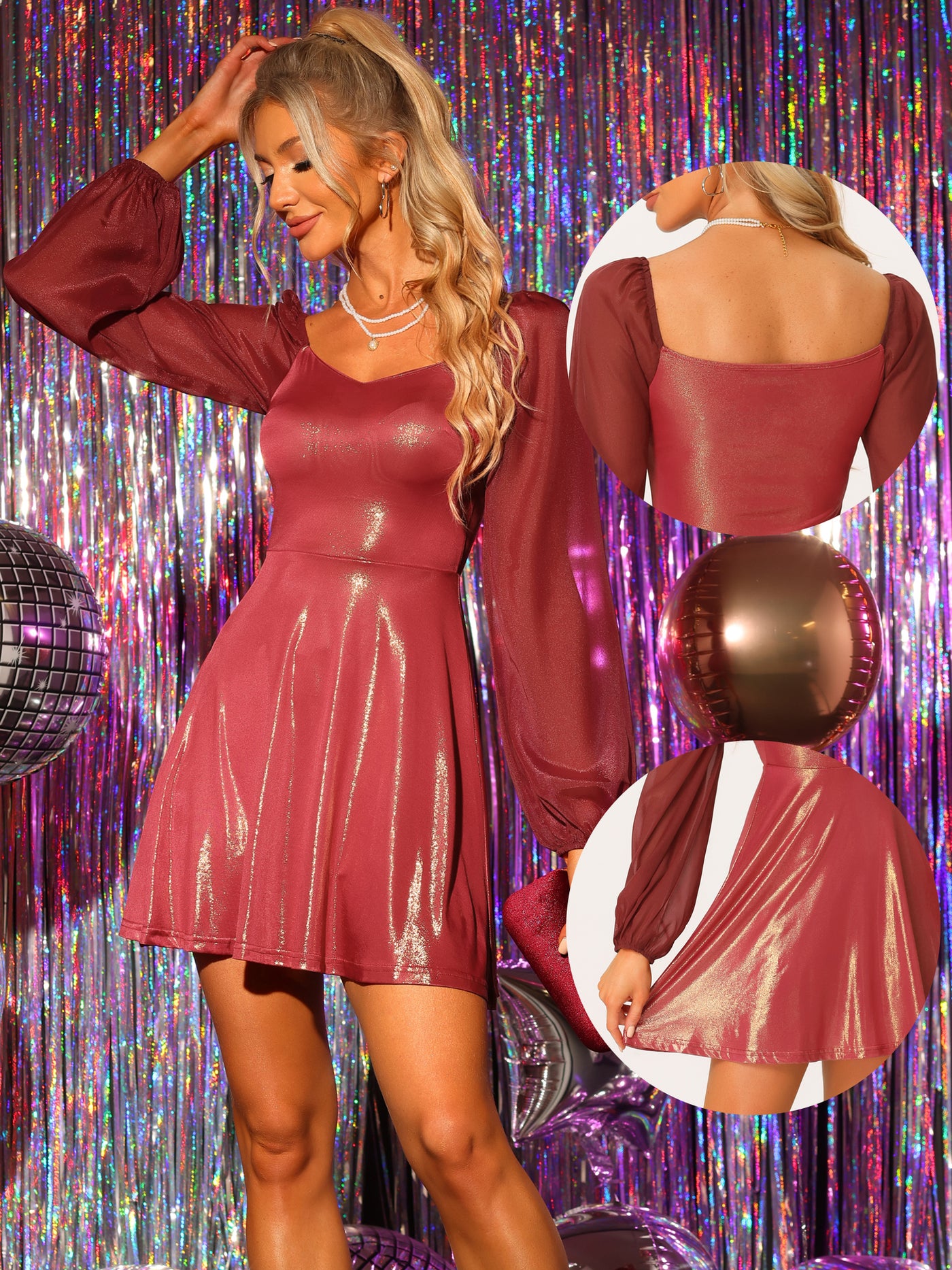 Allegra K Sparkly Metallic Sweetheart Neck Semi Sheer Long Sleeve Club Party Mini Dress