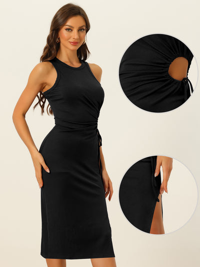 Ribbed Knit Dress for Women's Round Neck Cut Out Waist Side Slit Tank Sleeveless Maxi Dresses