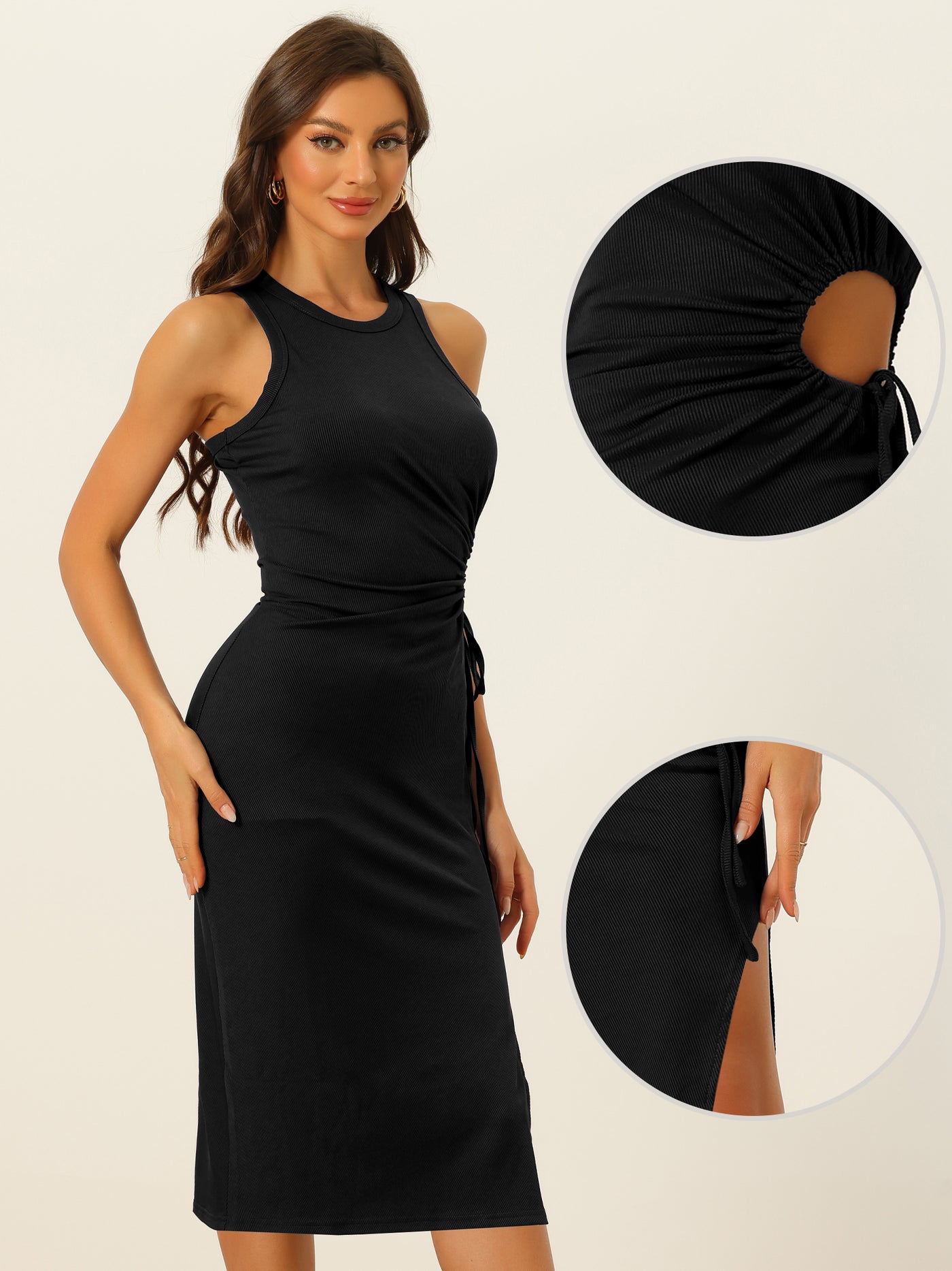 Allegra K Ribbed Knit Dress for Women's Round Neck Cut Out Waist Side Slit Tank Sleeveless Maxi Dresses