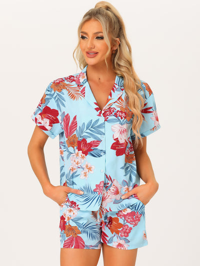 Hawaiian Floral Button Down Shirt Shorts Tropical 2 Pieces Sets