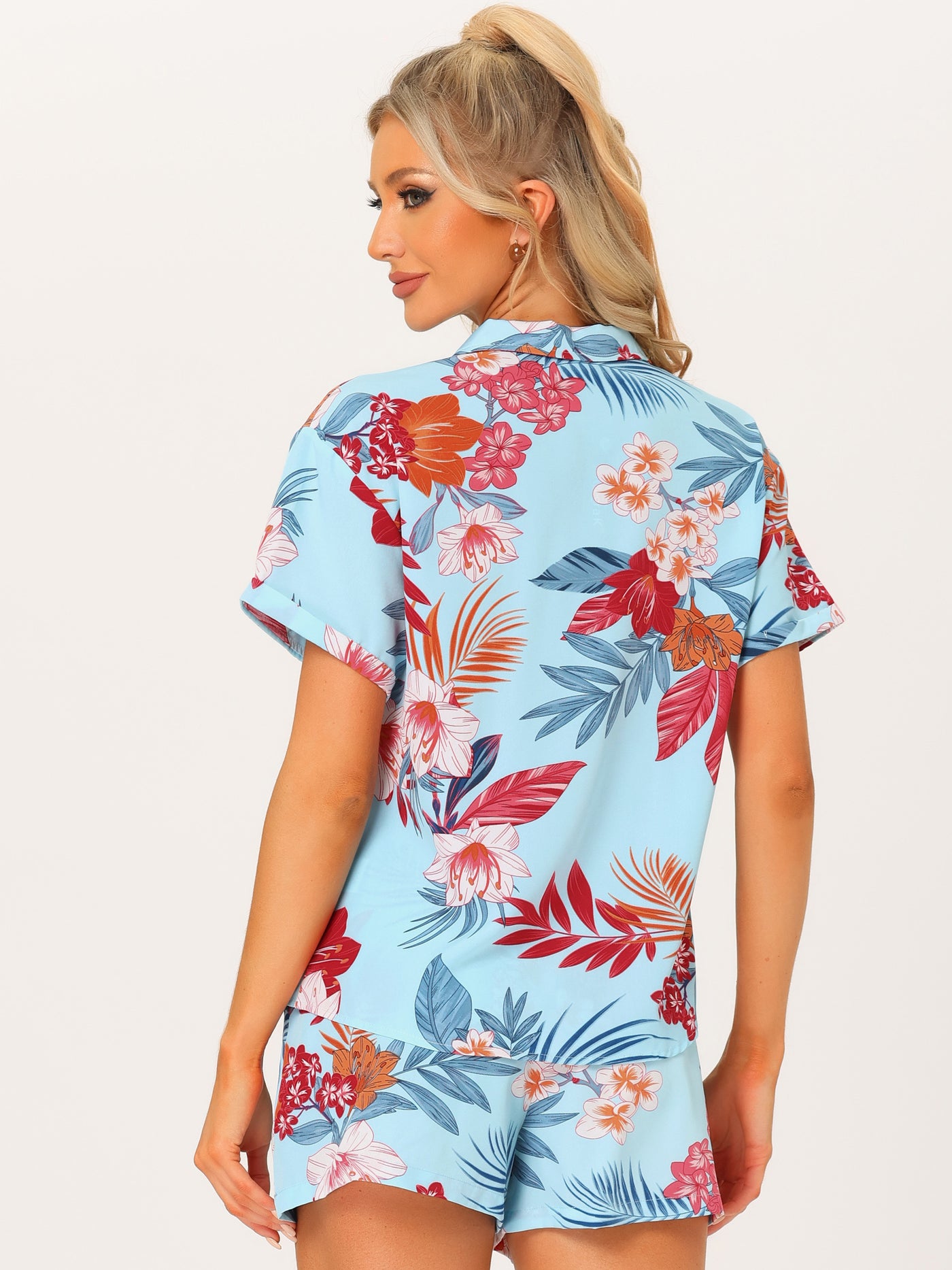 Allegra K Hawaiian Floral Button Down Shirt Shorts Tropical 2 Pieces Sets