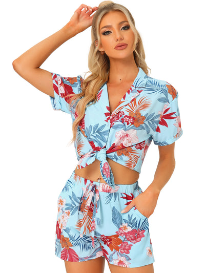 Hawaiian Floral Button Down Shirt Shorts Tropical 2 Pieces Sets