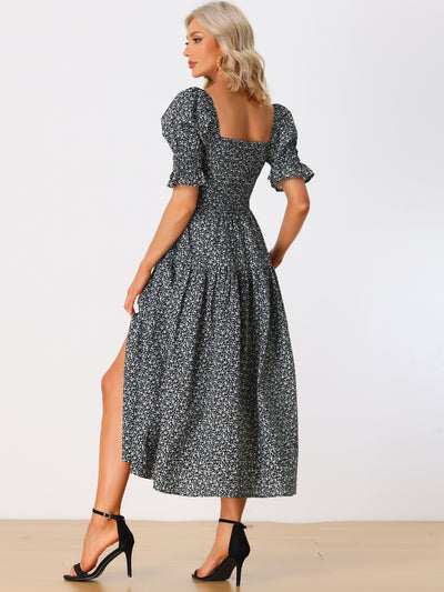 Peasant Floral Square Neck Short Puff Sleeve Smocked Dress