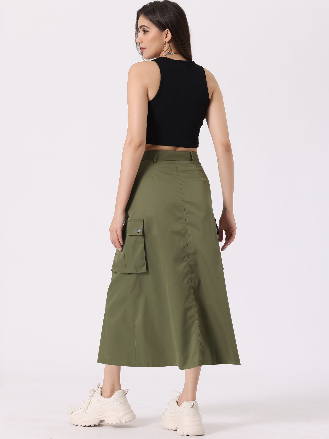 Allegra K Y2K Zip High Waist Belted Pocketed Maxi Cargo A-Line Skirt