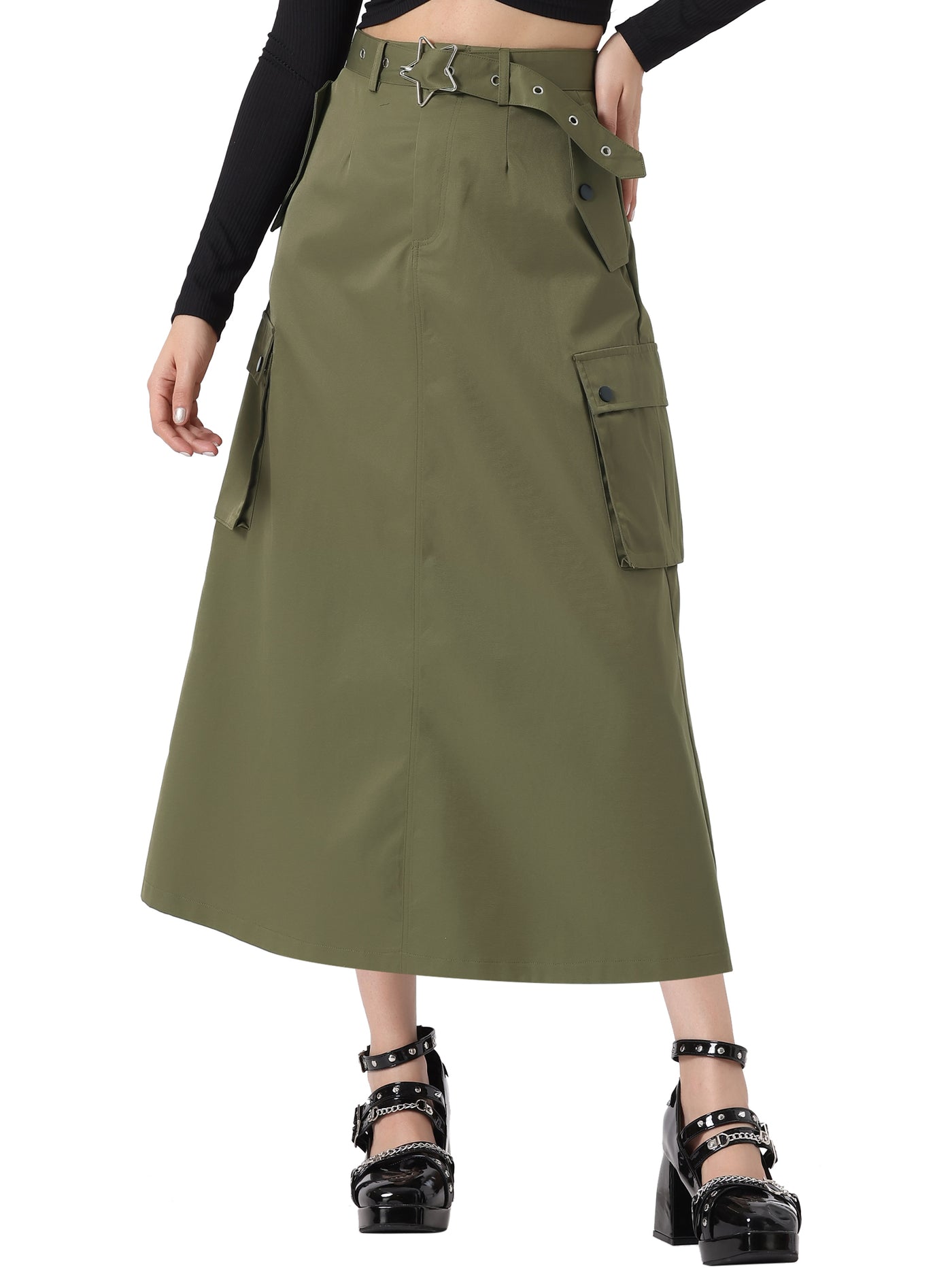 Allegra K Y2K Zip High Waist Belted Pocketed Maxi Cargo A-Line Skirt