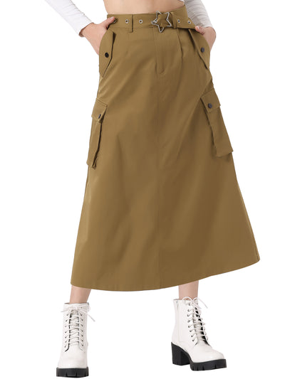 Y2K Zip High Waist Belted Pocketed Maxi Cargo A-Line Skirt