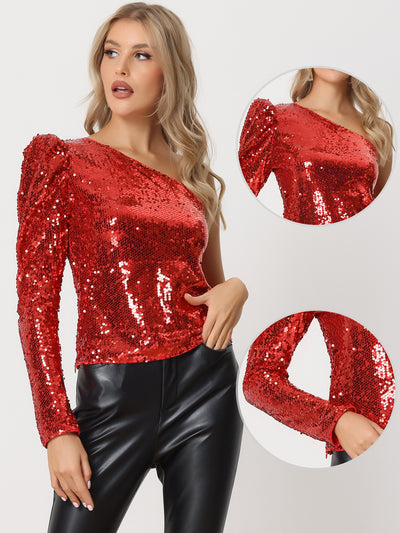Sparkly Sequin One Shoulder Puff Long Sleeve Shimmer Tops