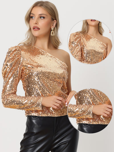 Sparkly Sequin One Shoulder Puff Long Sleeve Shimmer Tops