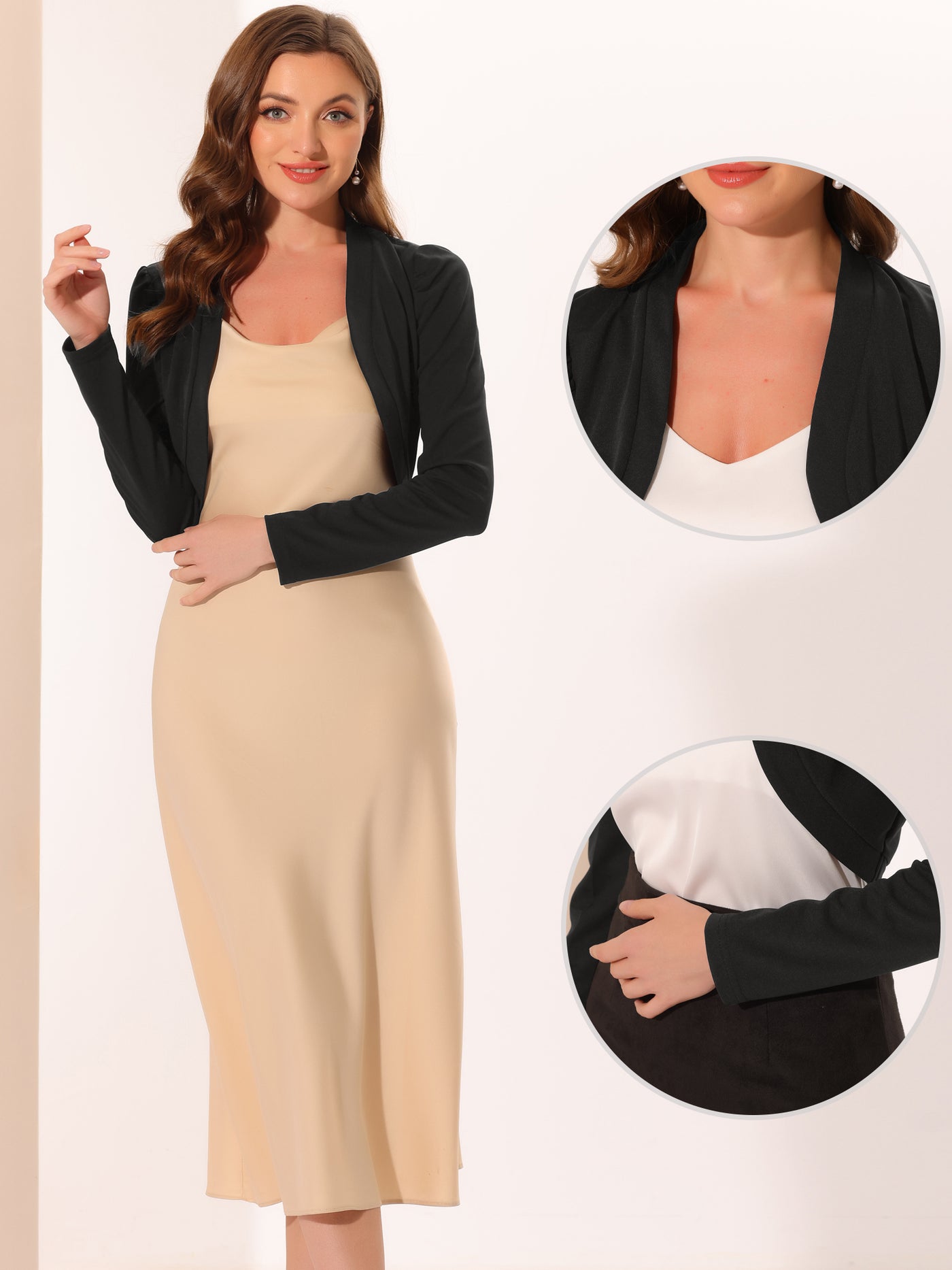 Allegra K Open Front Bolero for Women's Long Sleeve Shrug Curved Hem Crop Top Cardigan