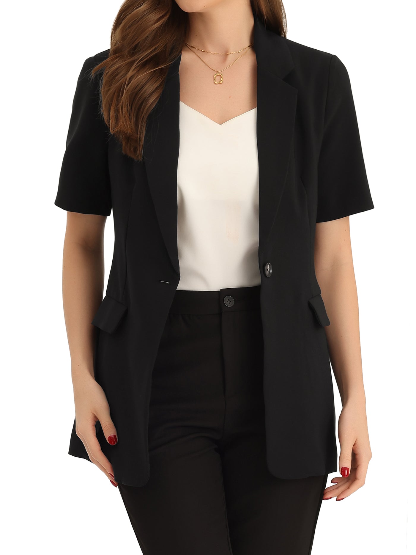 Allegra K Lapel Blazer for Women Short Sleeve Button Down Open Front Office Work Blazers with Pockets