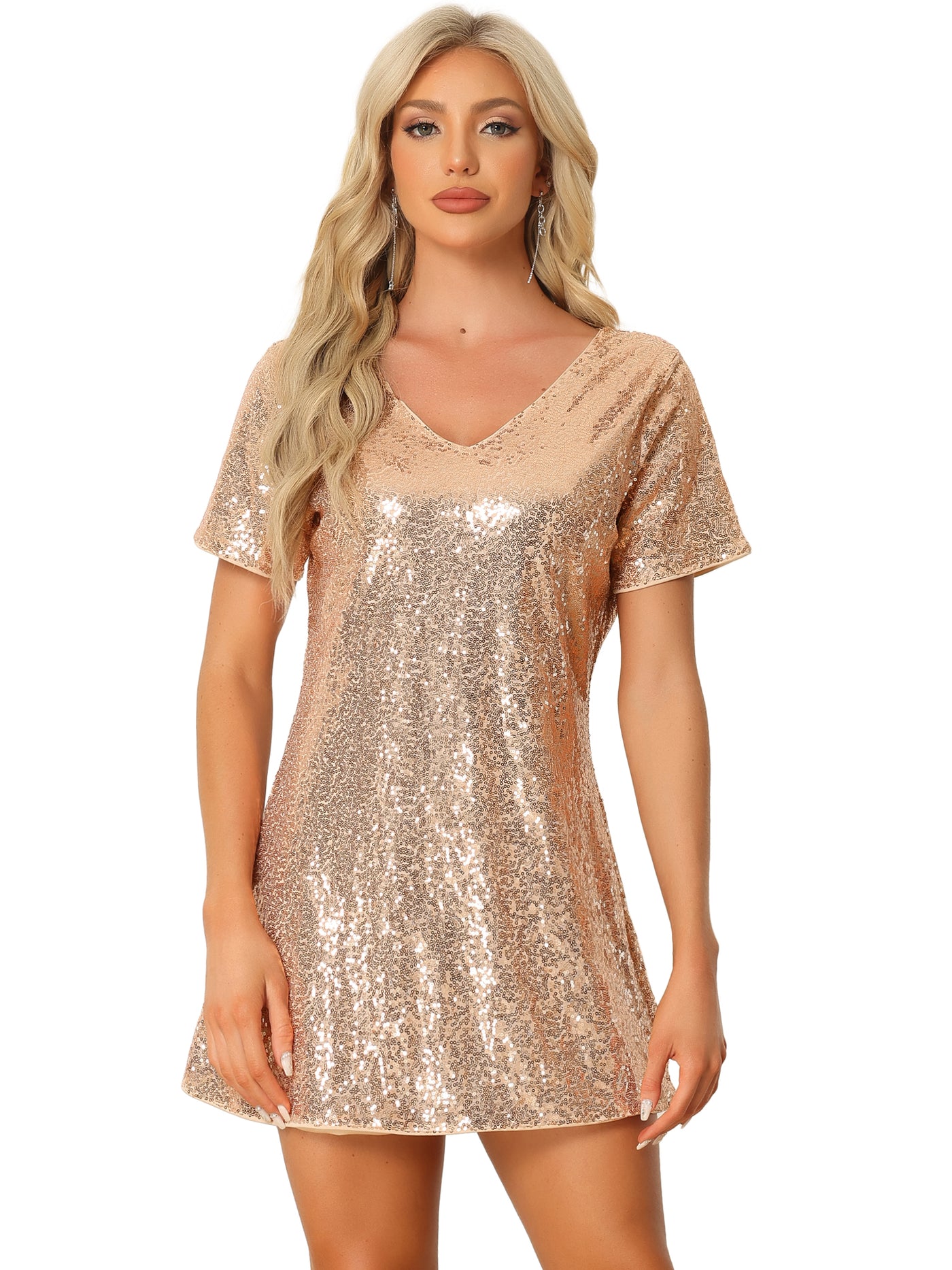 Allegra K Glitter Sequin V Neck Short Sleeve Mini Clubwear Party Dress