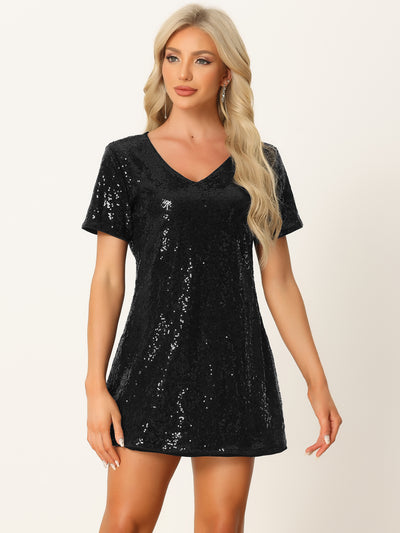Glitter Sequin V Neck Short Sleeve Mini Clubwear Party Dress