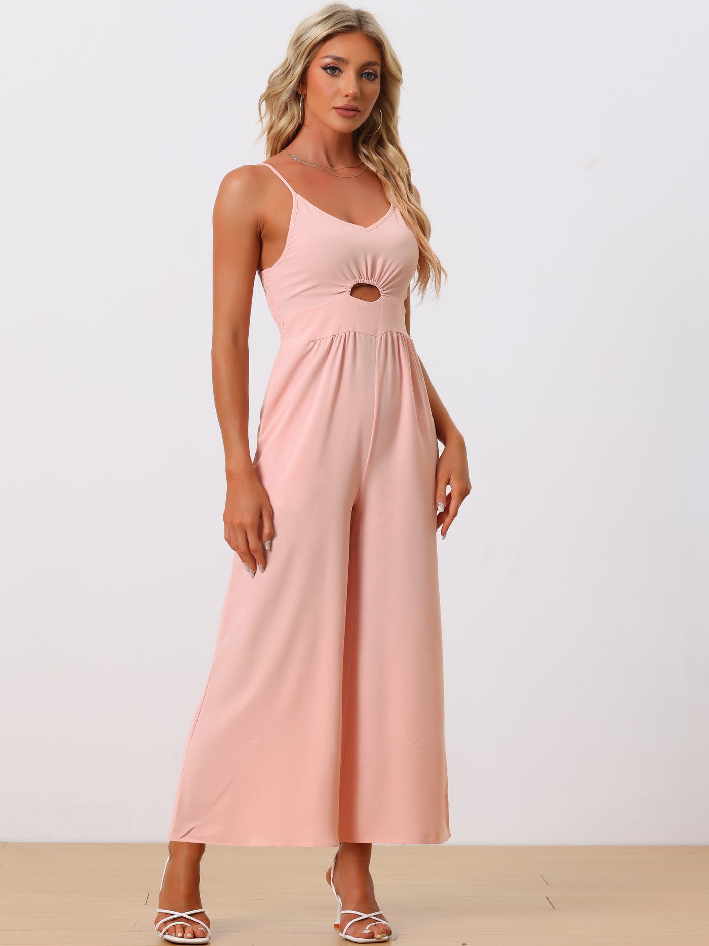 Allegra K Sleeveless Cut Out Smocked Loose Wide Leg Summer Jumpsuits