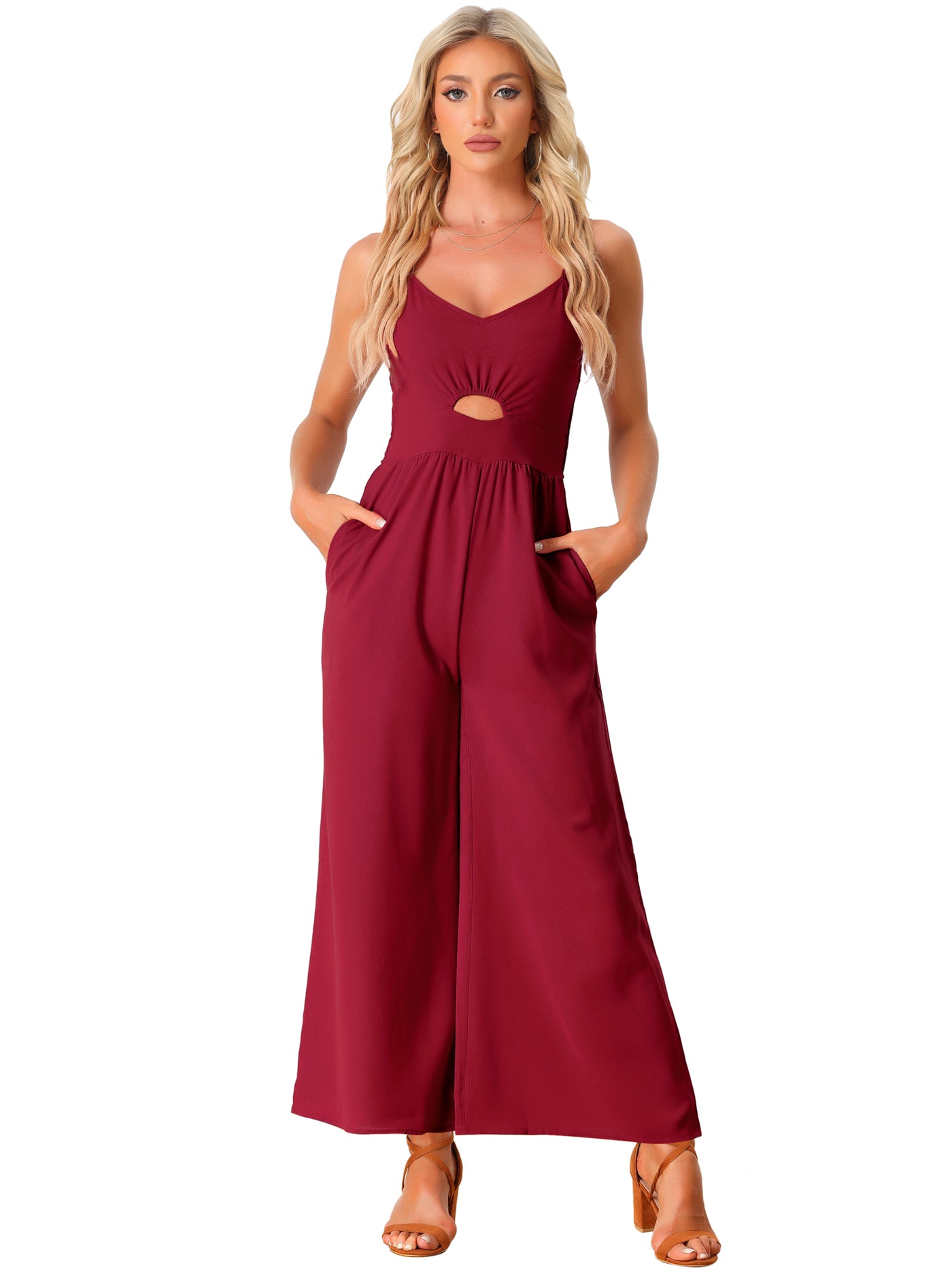 Allegra K Sleeveless Cut Out Smocked Loose Wide Leg Summer Jumpsuits