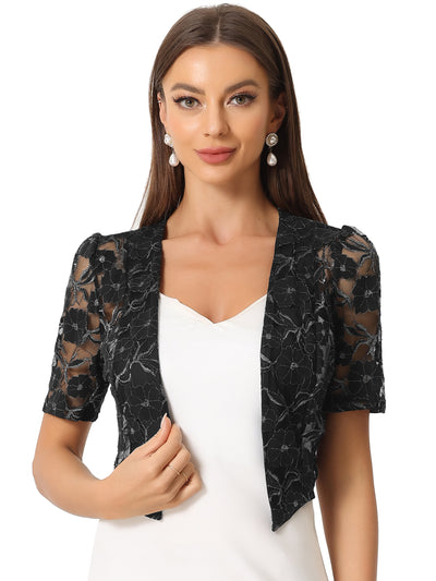 Short Sleeve Cardigan for Women's Lace Lightweight Crop Cardigan Shiny Silver Printed Sheer Shrug Top