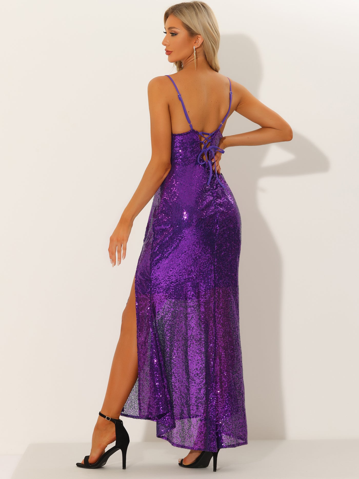Allegra K Women's Sequin Evening Dress V Neck Spaghetti Straps Maxi Split Gown Dresses