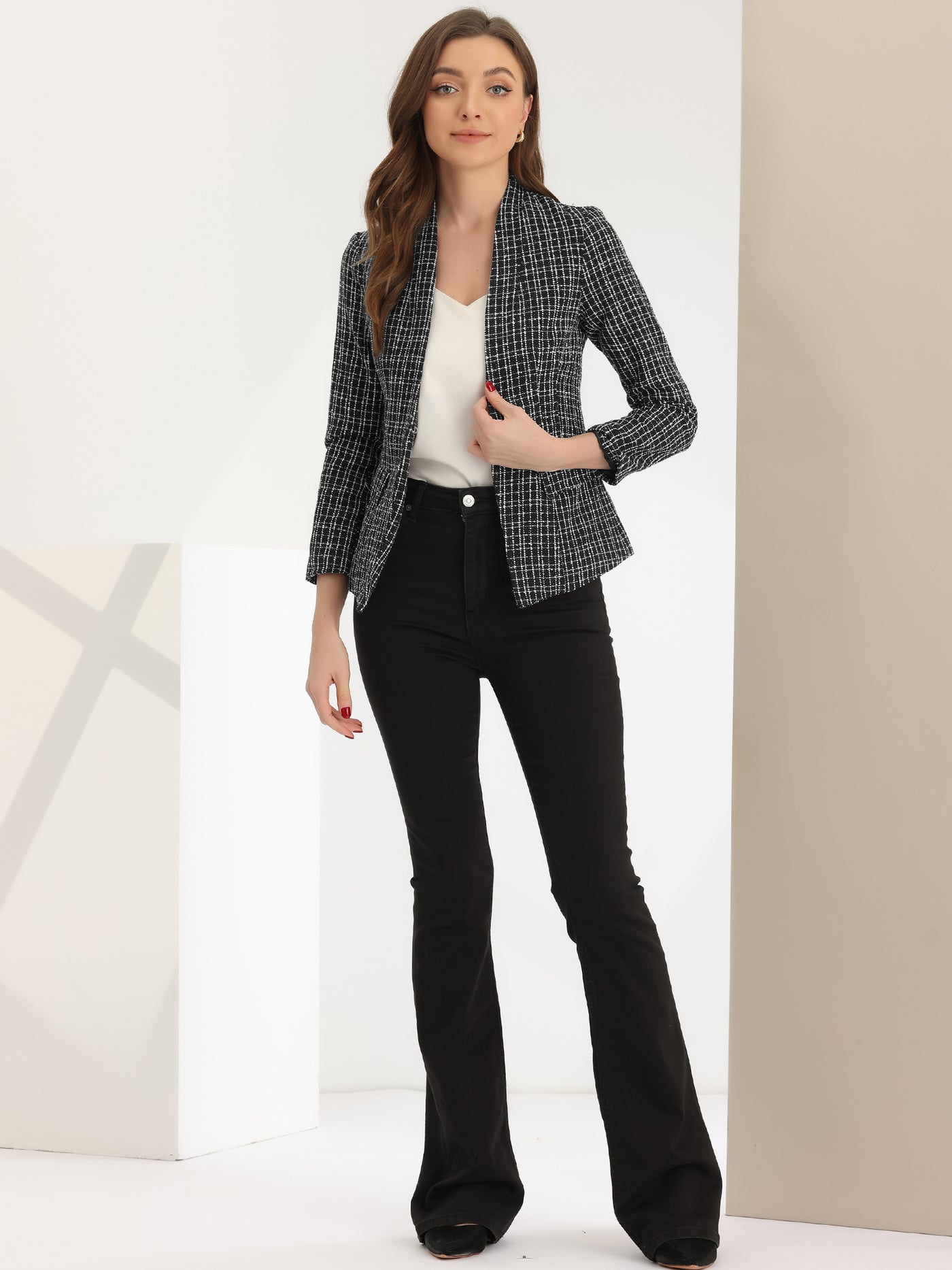Allegra K Long Sleeve Open Front Work Office Jackets Plaid Tweed Blazer