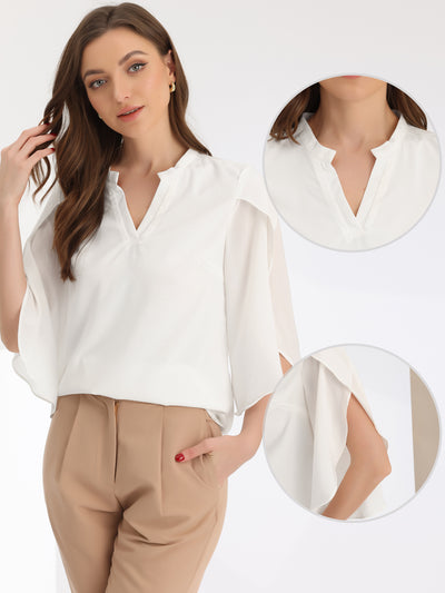 Chiffon Blouse for Women's V Neck Split Sleeve Business Casual Shirts