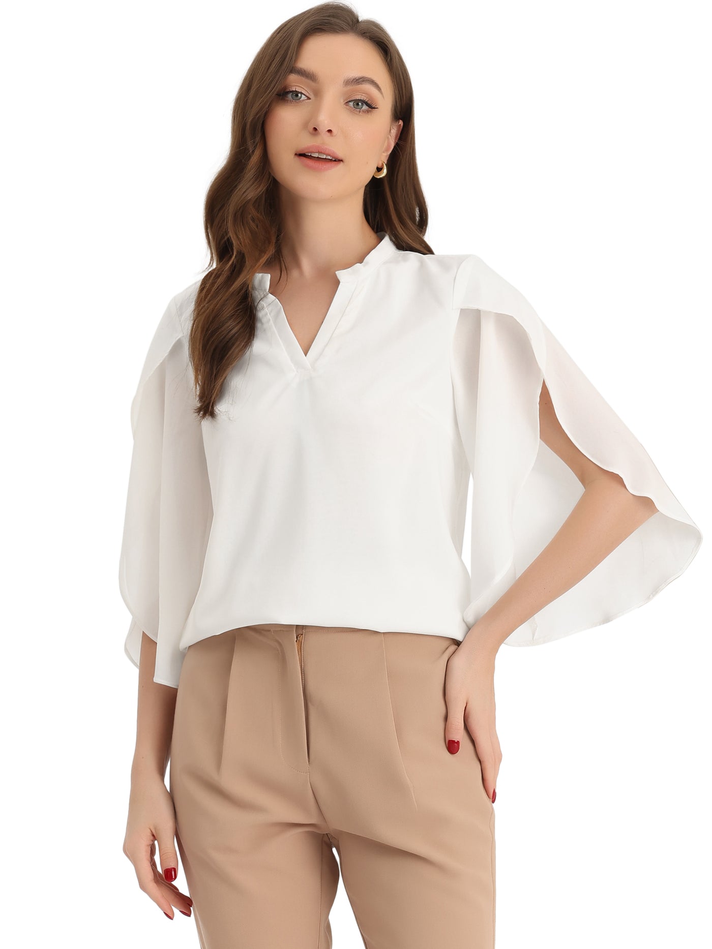 Allegra K Chiffon Blouse for Women's V Neck Split Sleeve Business Casual Shirts