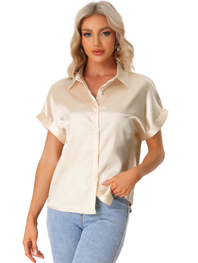 Women's Satin Shirt Button Down Short Sleeves Casual Blouse
