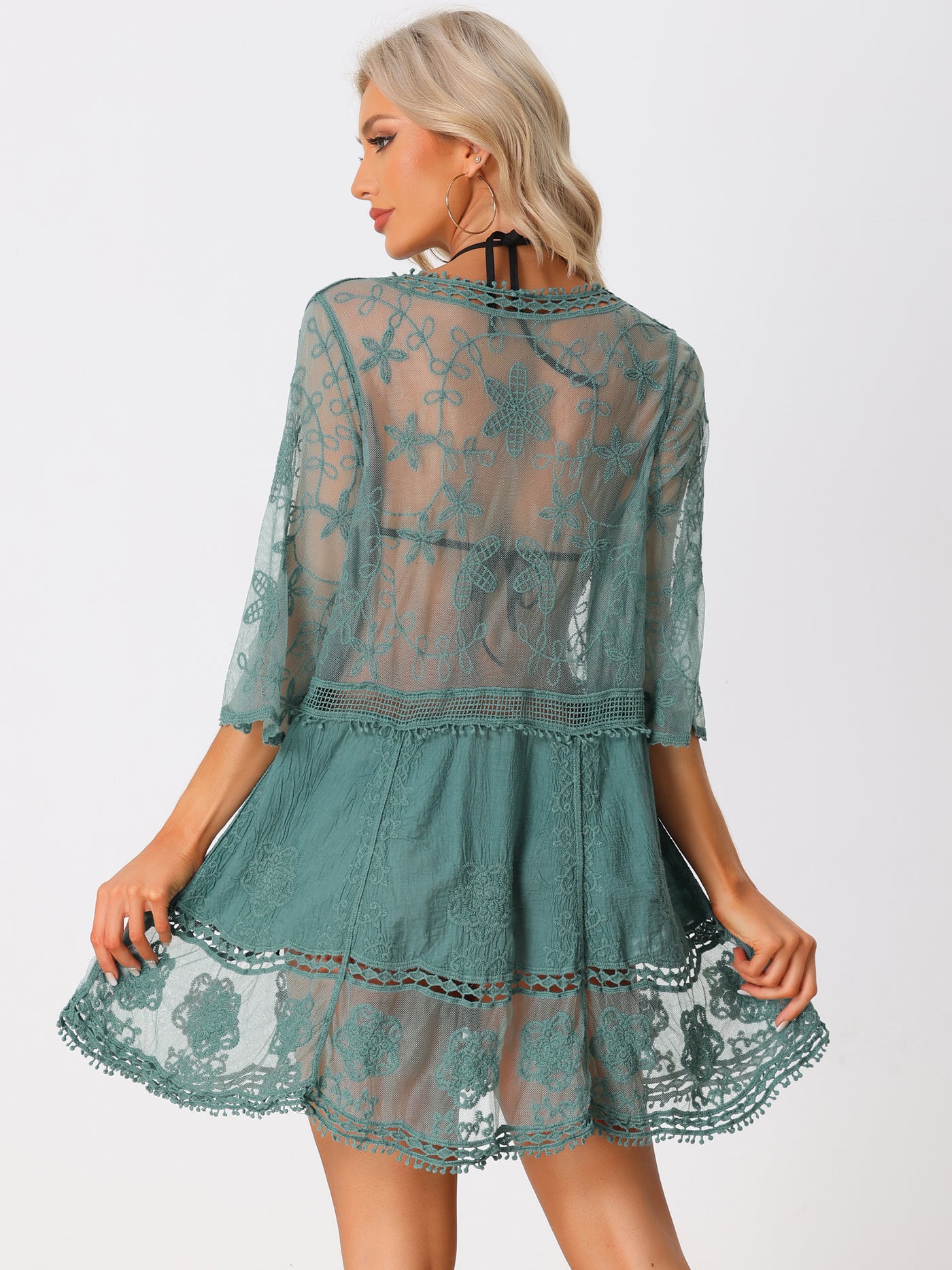 Allegra K Deep V 3/4 Sleeve Embroidery Lace Sheer Mesh Beach Cover-ups Dress