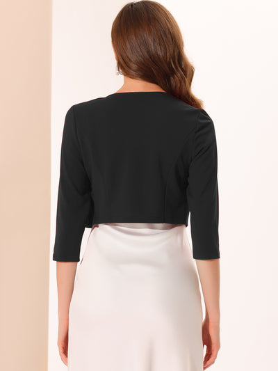 3/4 Sleeve Shrug Collarless Pleated Open Front Cropped Jacket