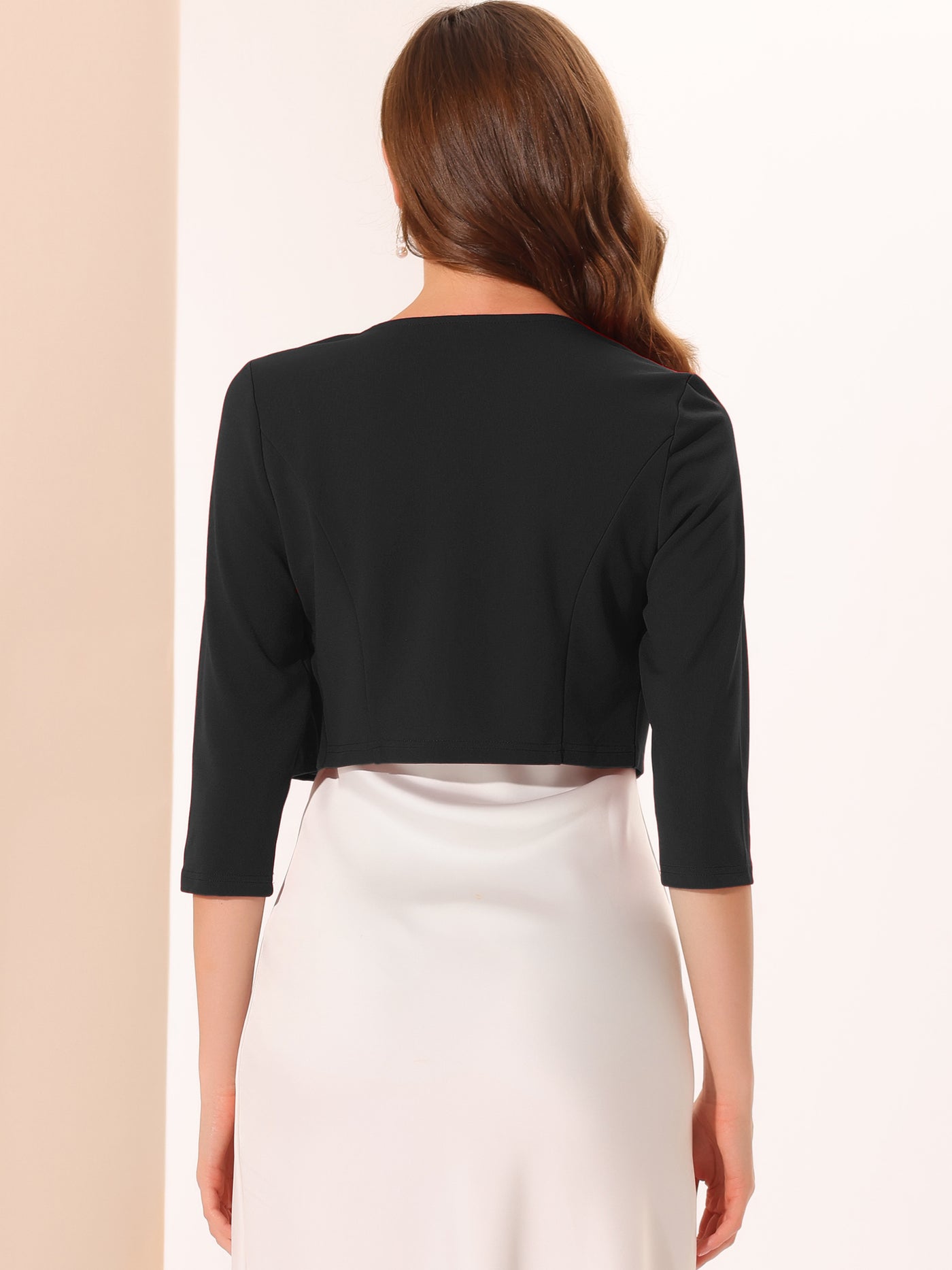 Allegra K 3/4 Sleeve Shrug Collarless Pleated Open Front Cropped Jacket