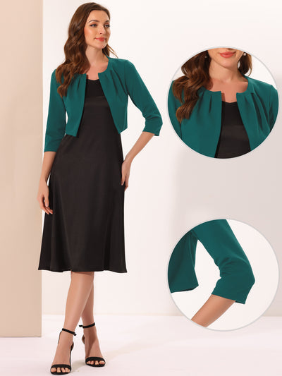 3/4 Sleeve Shrug Collarless Pleated Open Front Cropped Jacket