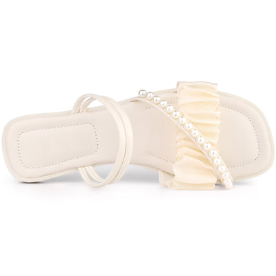 Women's Strappy Pearl Strap Pleated Flat Slide Sandals