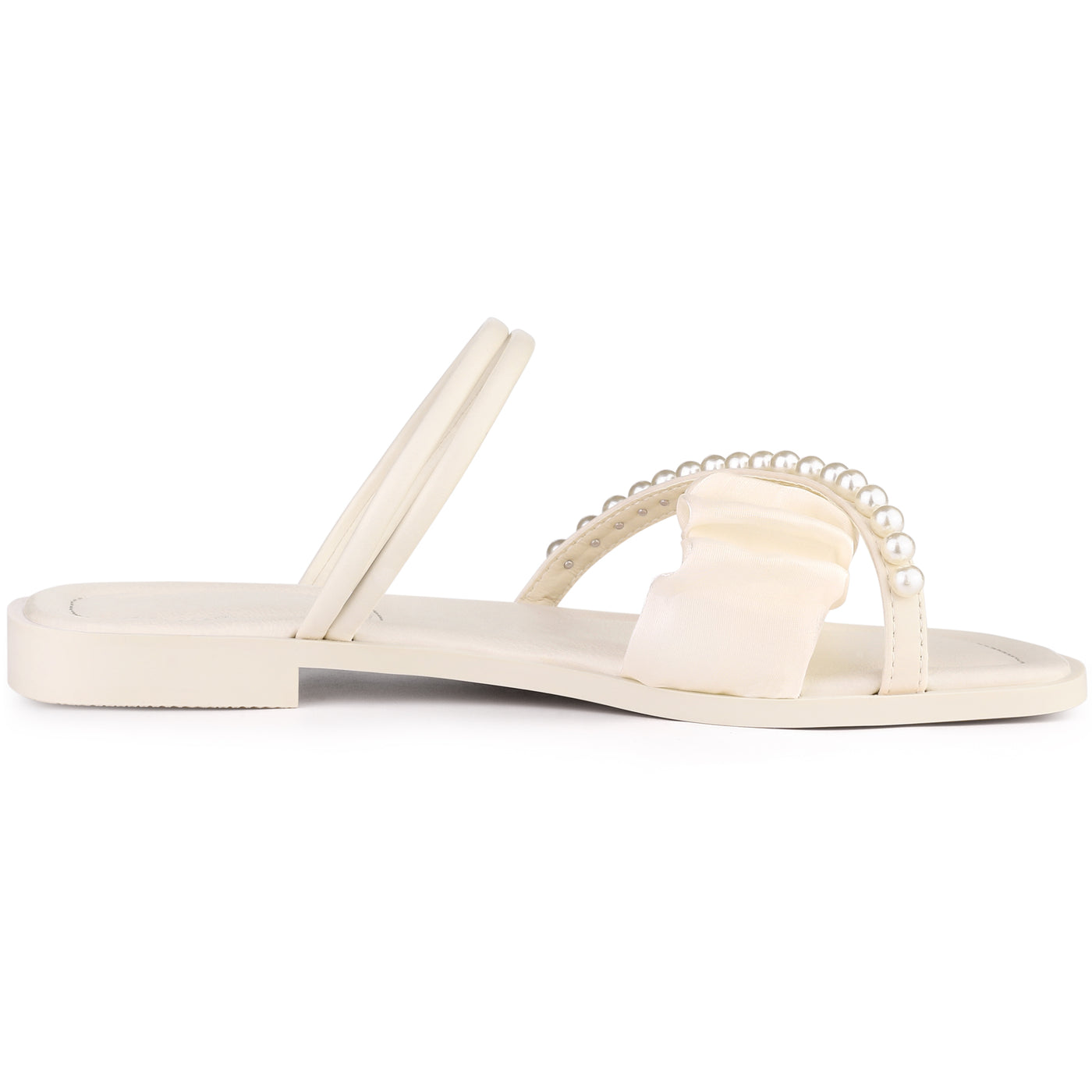 Allegra K Women's Strappy Pearl Strap Pleated Flat Slide Sandals