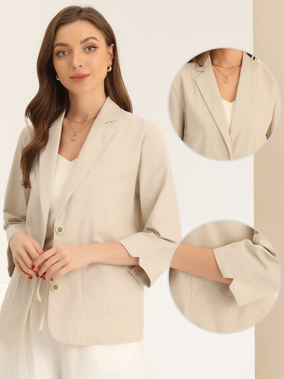 Linen Notched Lapel Collar 3/4 Sleeve Causal Suit Blazer