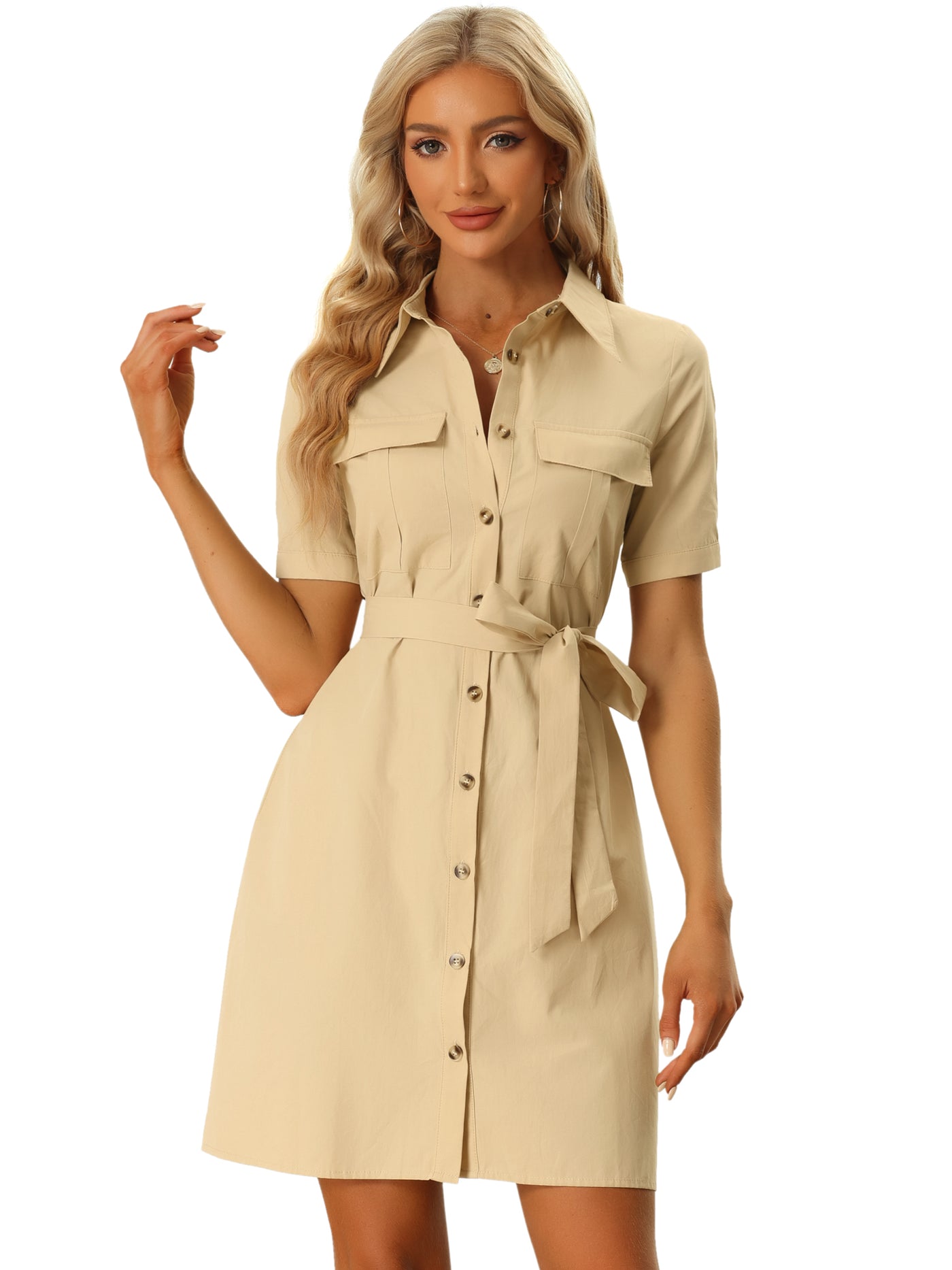 Allegra K Summer Safari Dress Collared Button Down Cotton Belted Shirtdress