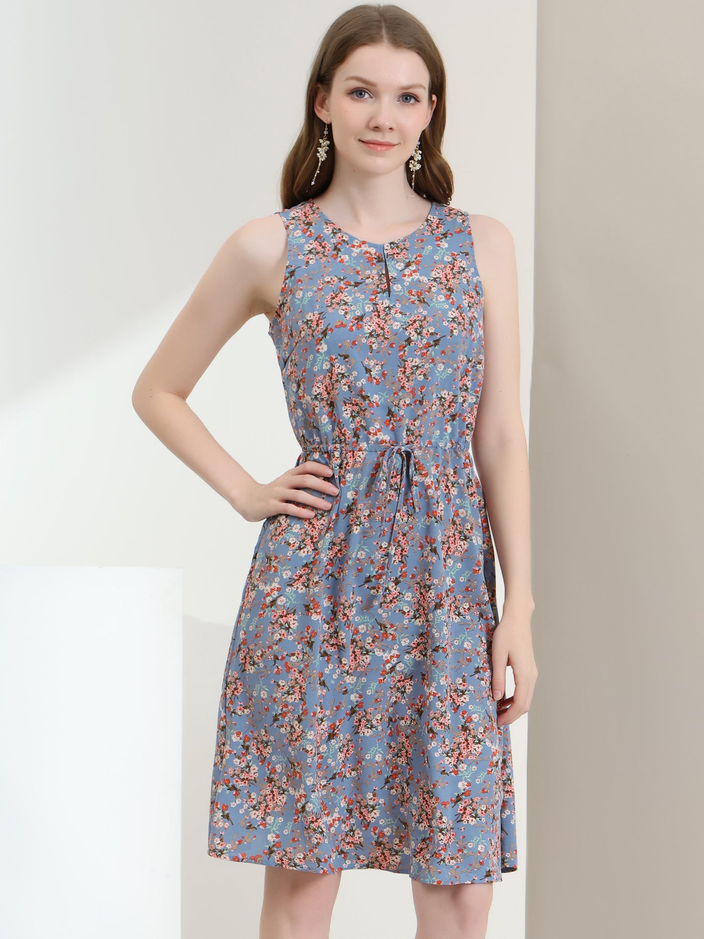 Allegra K Floral Drawstring Waist Sleeveless A-Line Midi Dress Sundress