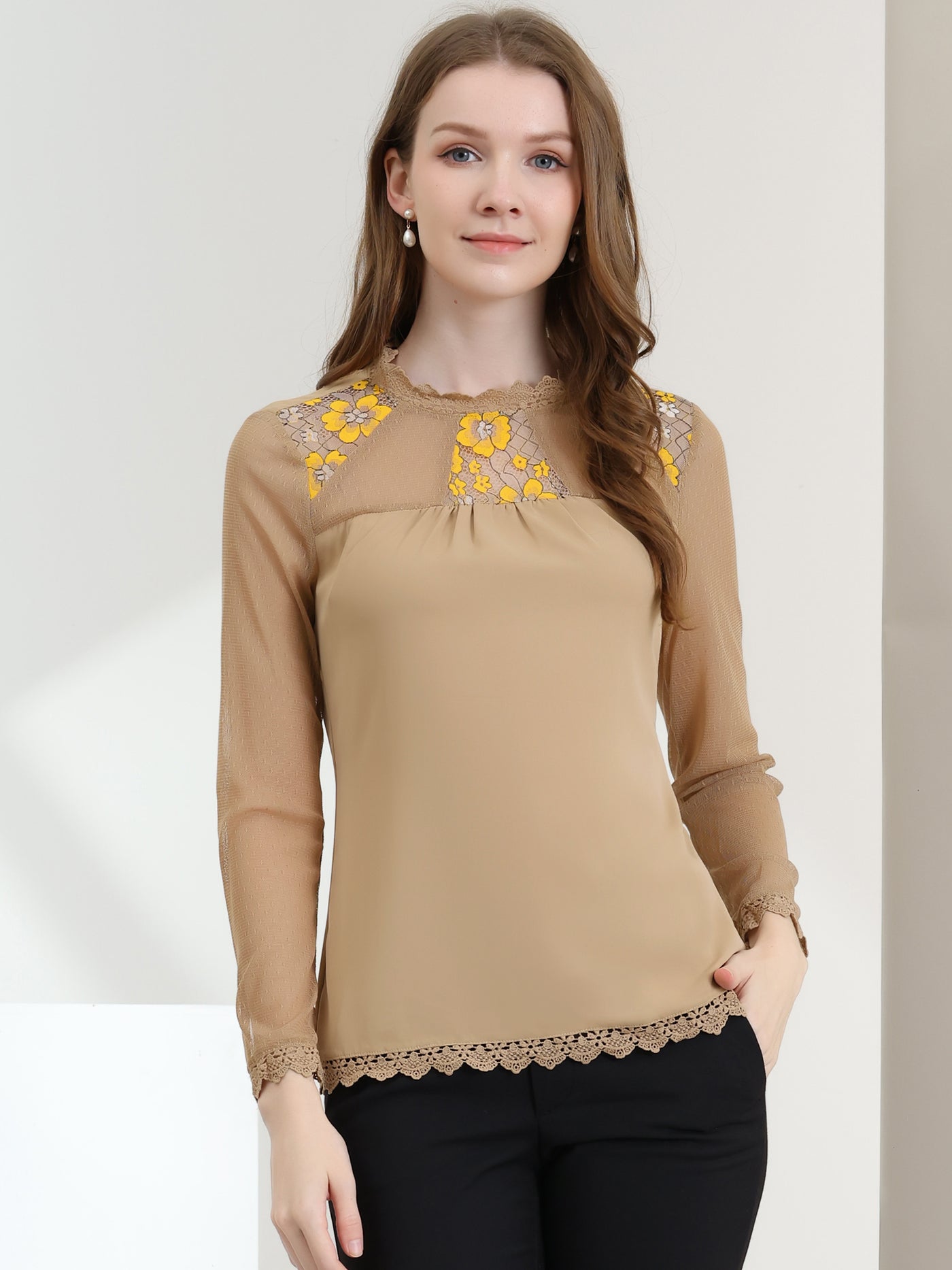 Allegra K Lace Mesh Long Sleeve Top Round Neck Casual Elegant Blouse
