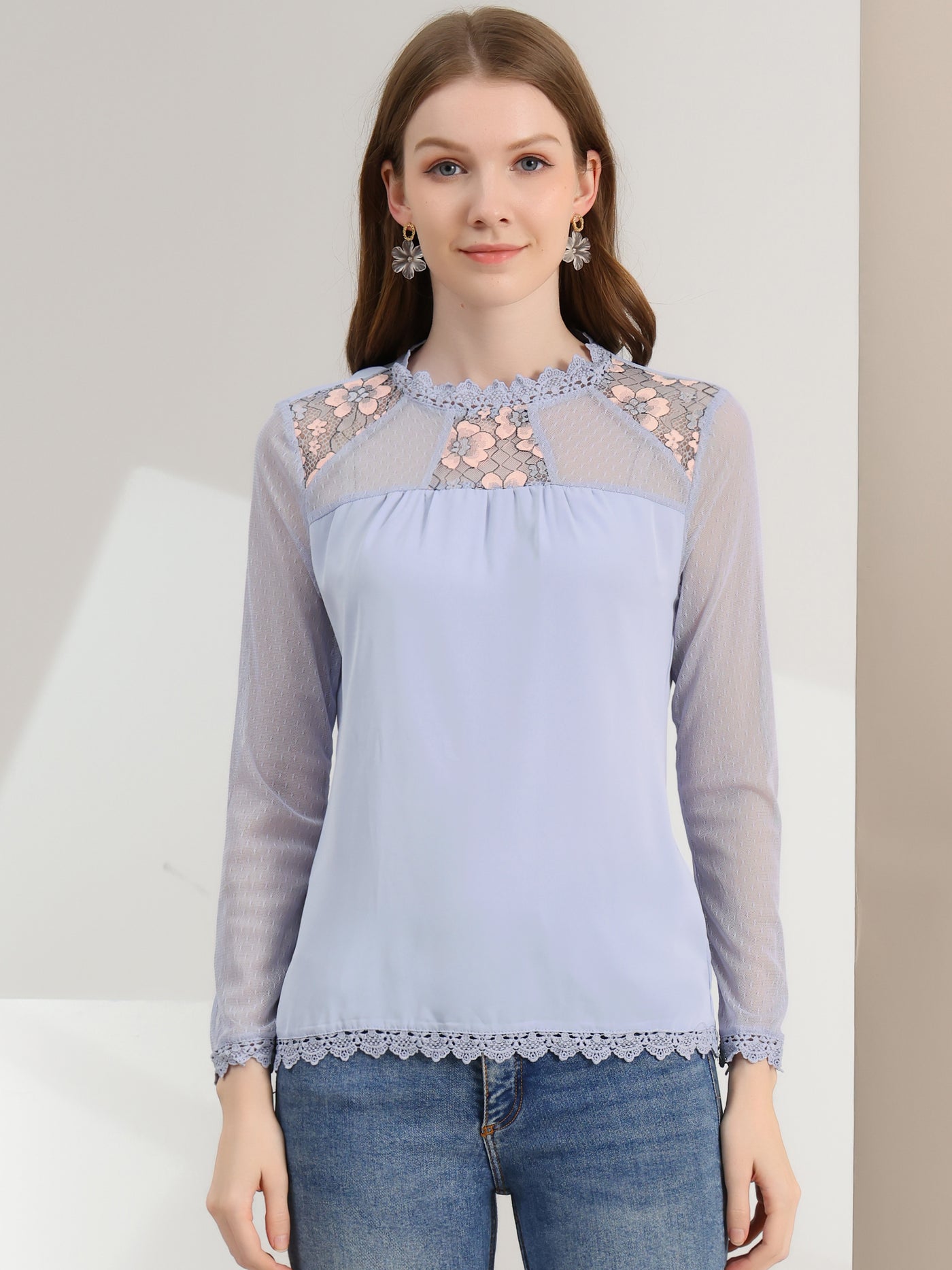 Allegra K Lace Mesh Long Sleeve Top Round Neck Casual Elegant Blouse