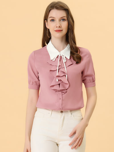 Contrast Collar Tie Ruffle Front Button Short Sleeve Work Shirt