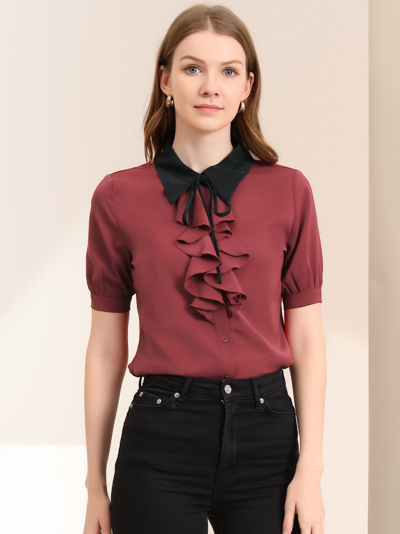 Allegra K Contrast Collar Tie Ruffle Front Button Short Sleeve Work Shirt
