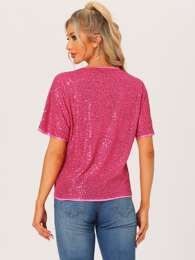 Sequin Top Round Neck Short Sleeve Party Clubwear Blouse