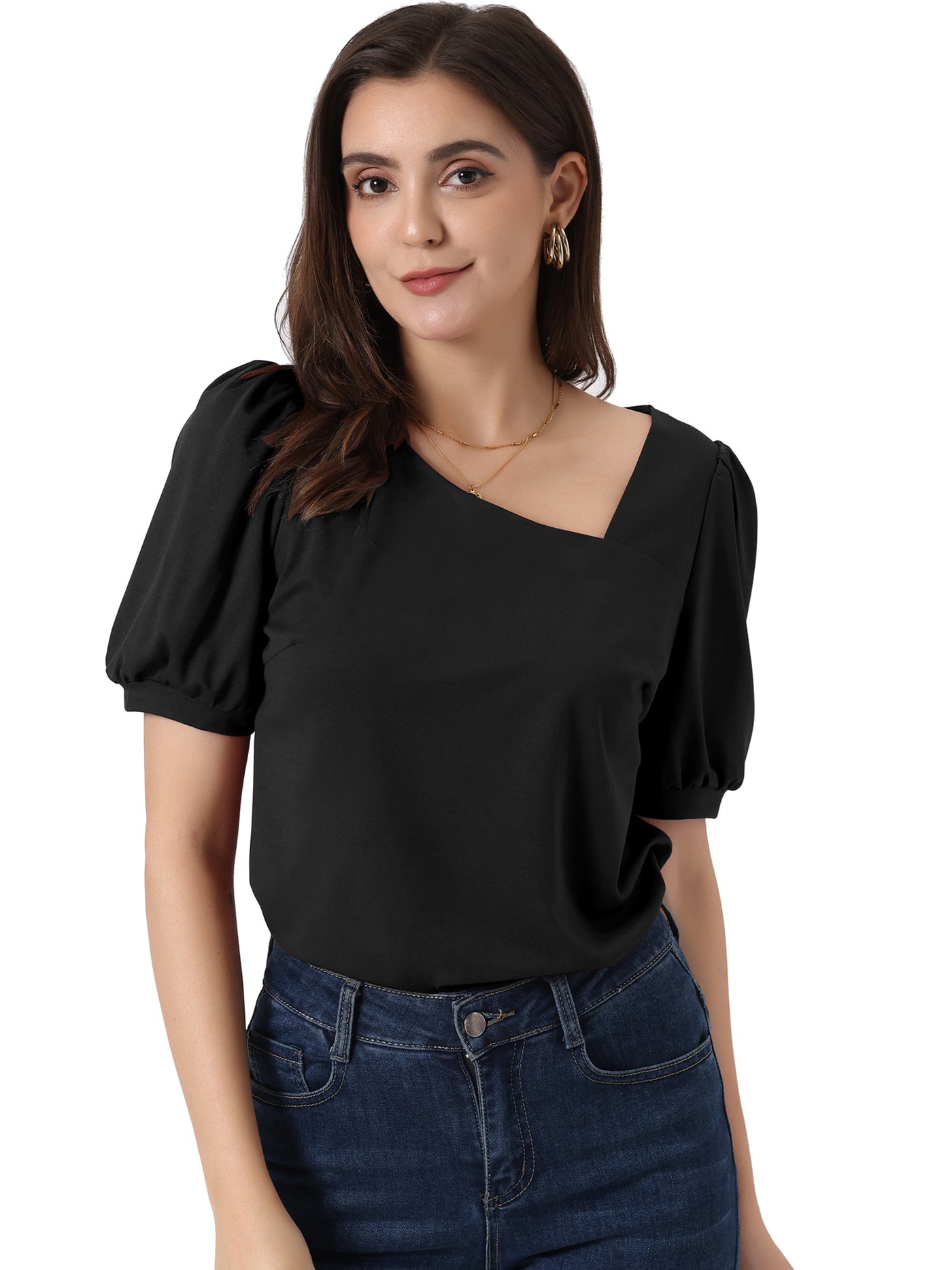 Allegra K Casual Puff Short Sleeve Asymmetrical V Neck Loose Fit Blouse