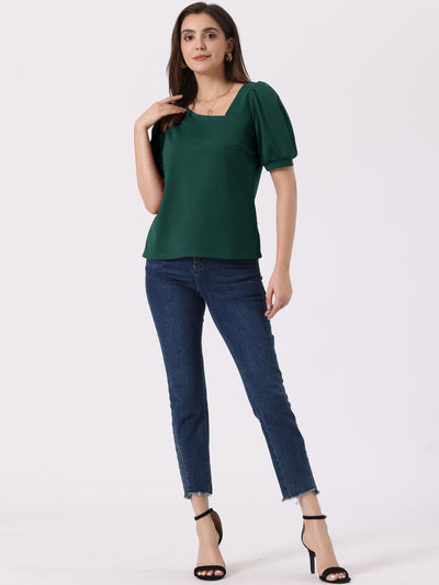 Casual Puff Short Sleeve Asymmetrical V Neck Loose Fit Blouse
