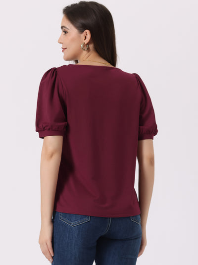 Casual Puff Short Sleeve Asymmetrical V Neck Loose Fit Blouse