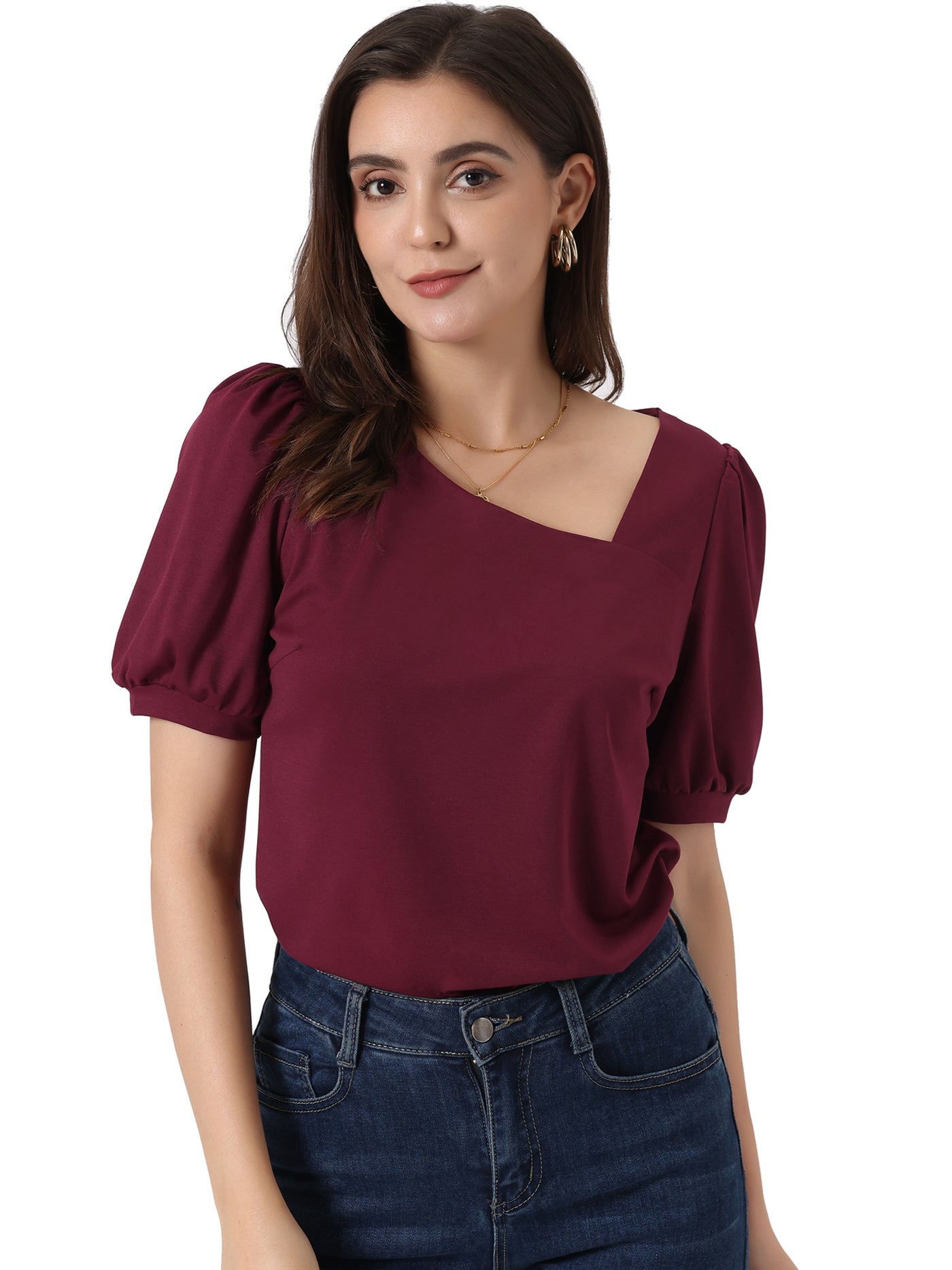Allegra K Casual Puff Short Sleeve Asymmetrical V Neck Loose Fit Blouse