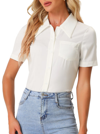 Elegant Collar Short Sleeve Work Office Button Down Satin Blouse Shirt
