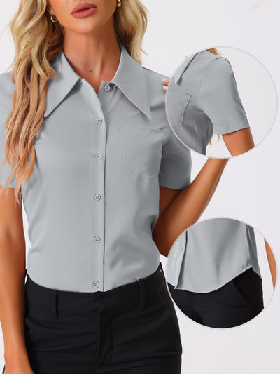 Elegant Collar Short Sleeve Work Office Button Down Satin Blouse Shirt