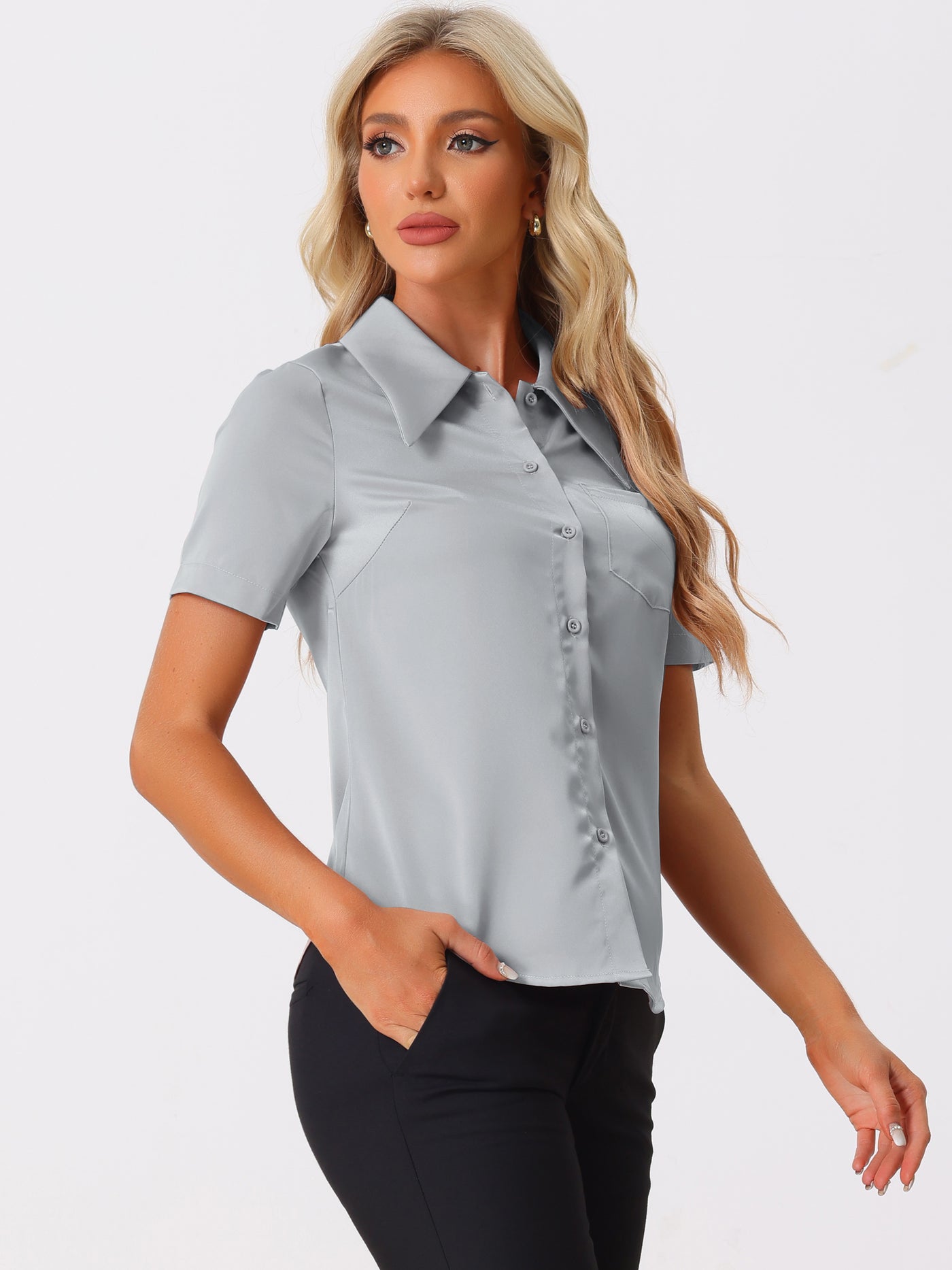 Allegra K Elegant Collar Short Sleeve Work Office Button Down Satin Blouse Shirt