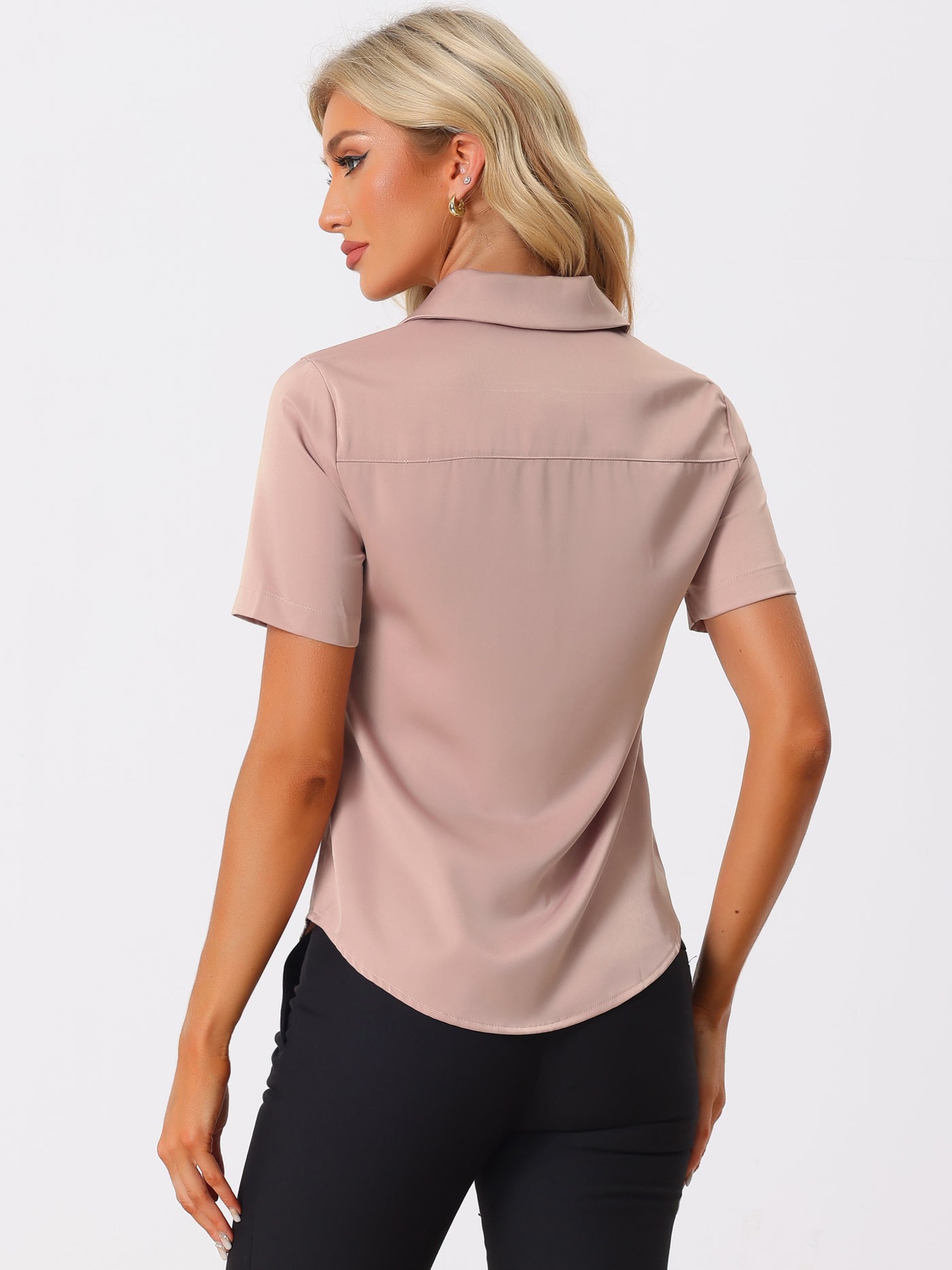 Allegra K Elegant Collar Short Sleeve Work Office Button Down Satin Blouse Shirt
