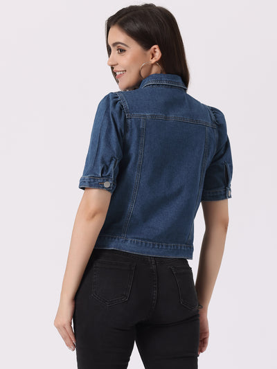 Casual Short Puff Sleeves Button-Down Jean Denim Jacket