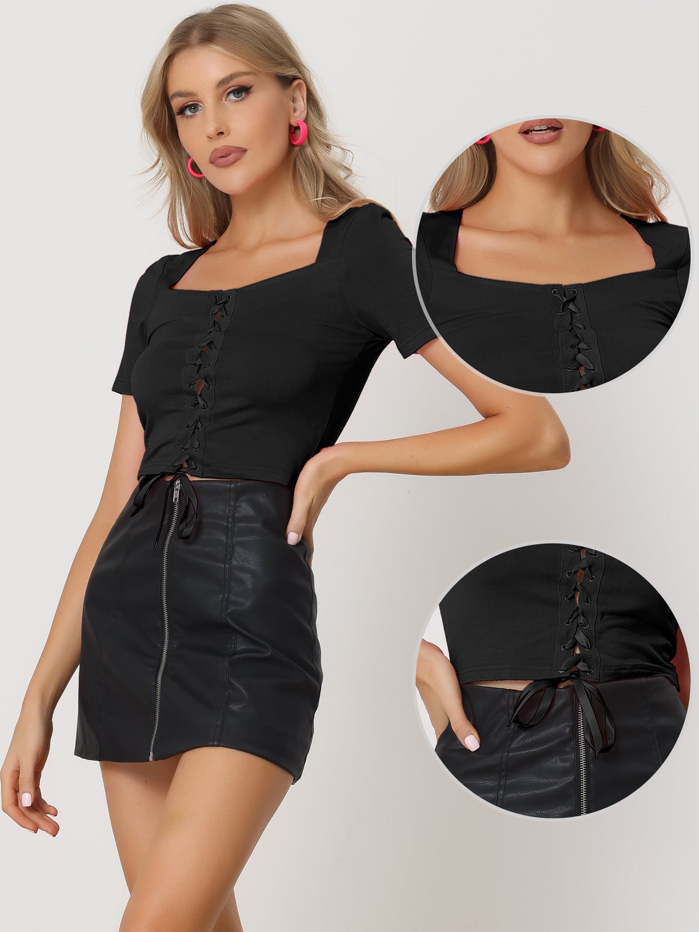 Allegra K Lace Up Top Square Neck Short Sleeve Casual Crop Tops