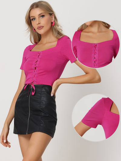 Lace Up Top Square Neck Short Sleeve Casual Crop Tops